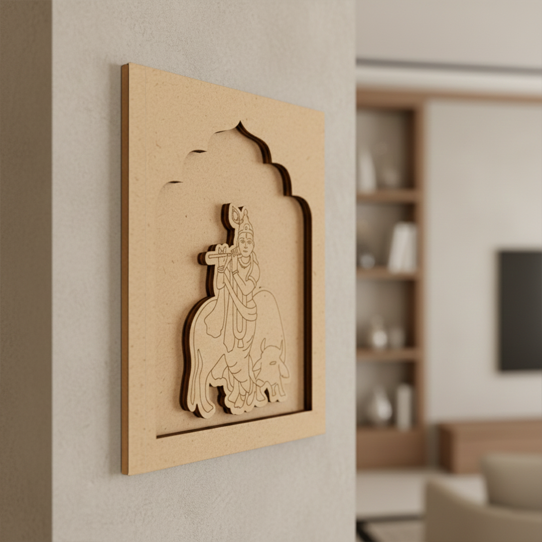 DIY Krishna wall décor – MDF cut-out with traditional arch design.