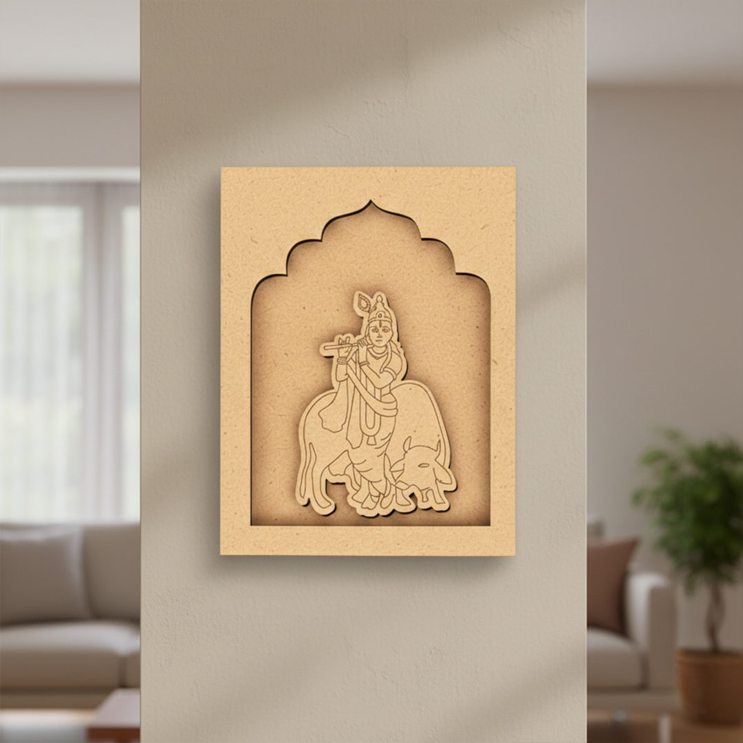DIY Krishna wall décor – MDF cut-out with traditional arch design.