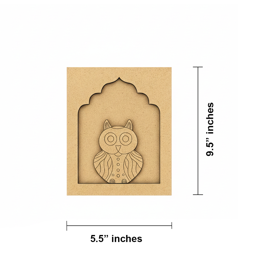 Cute colorful Owl MDF wall hanging in arch frame for home décor.