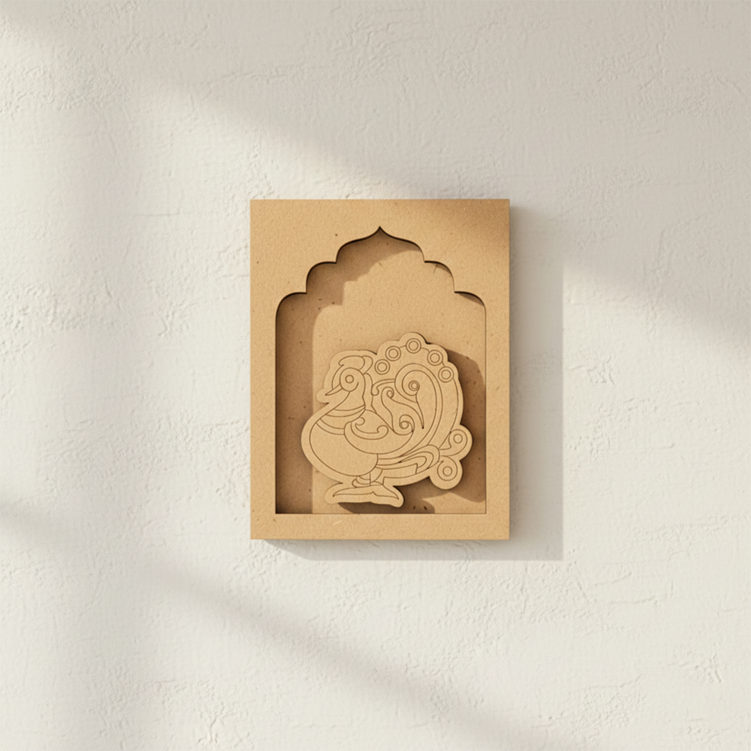 Unfinished MDF colorful bird wall hanging in arch frame.