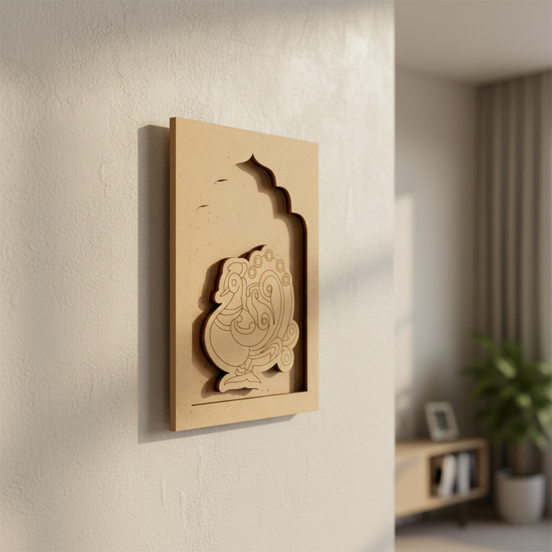 Unfinished MDF colorful bird wall hanging in arch frame.