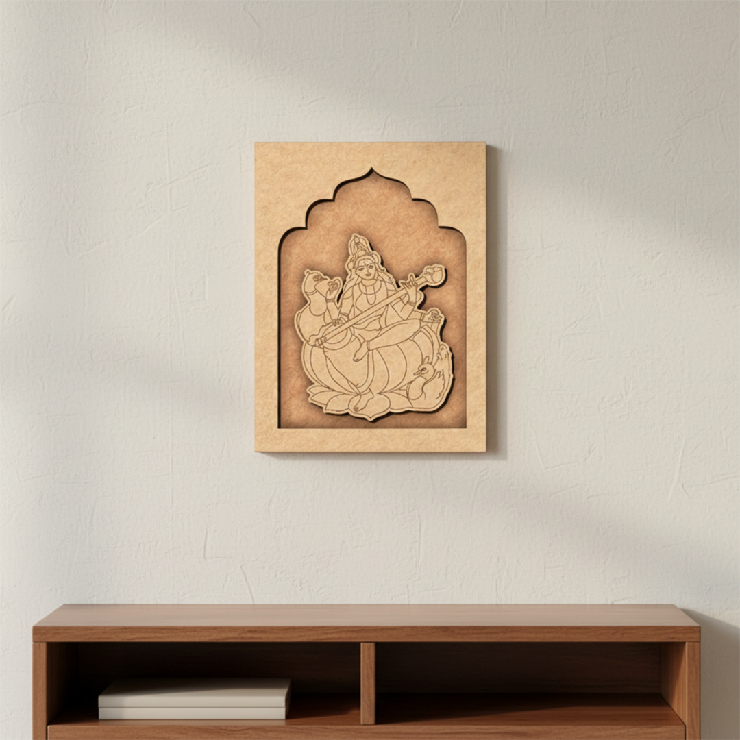 Colorful MDF wall hanging with Goddess Saraswati design – visual representation.