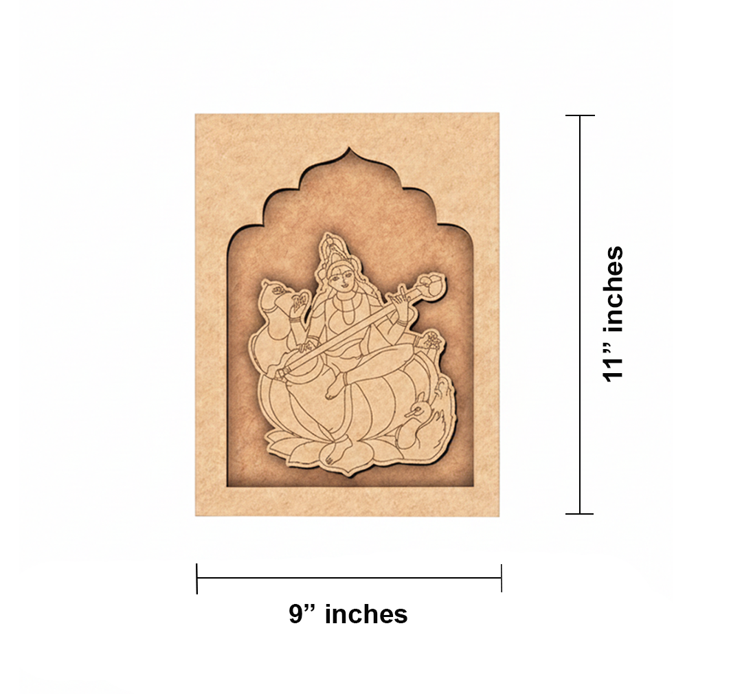 Colorful MDF wall hanging with Goddess Saraswati design – visual representation.