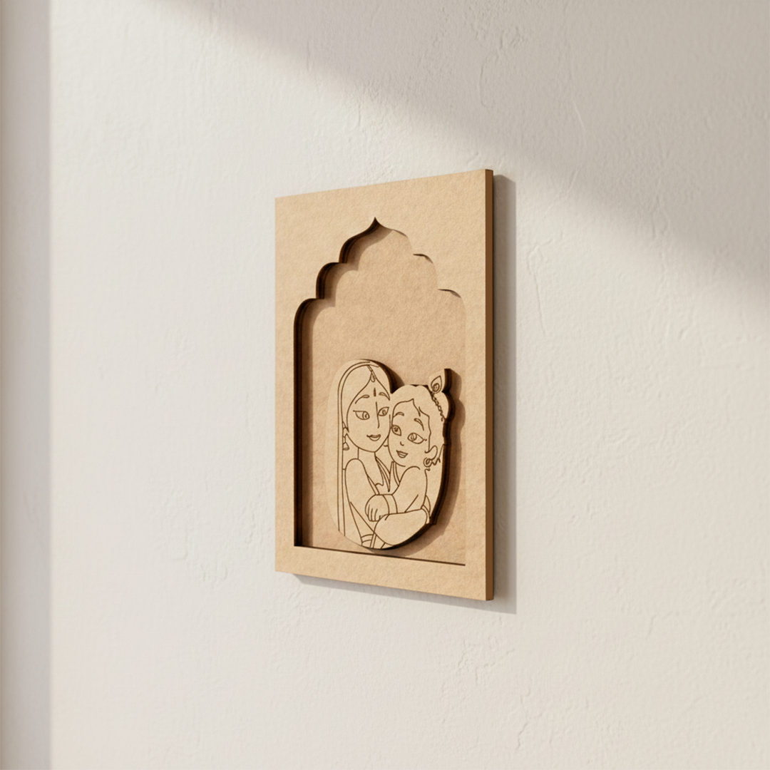 Yashoda with Baby Krishna MDF wall hanging spiritual art frame for home décor unpainted.