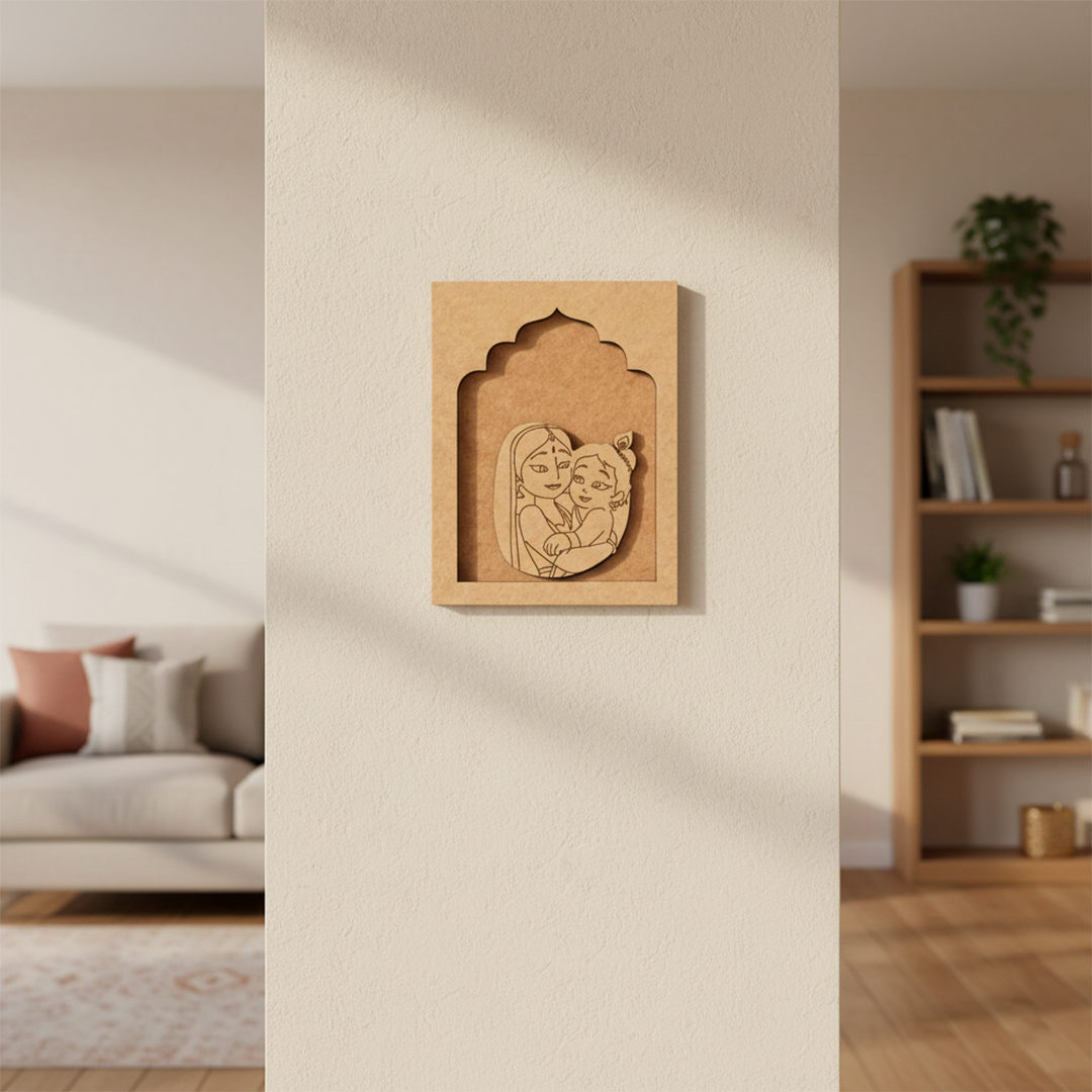 Yashoda with Baby Krishna MDF wall hanging spiritual art frame for home décor unpainted.