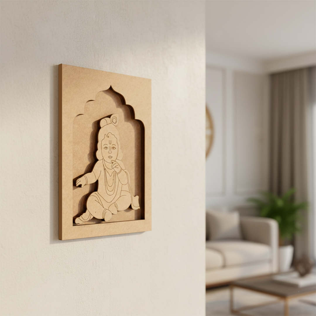 Baby Krishna MDF hanging wall art with butter-eating pose.