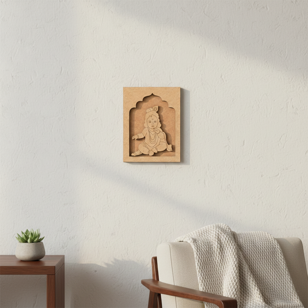 Baby Krishna MDF hanging wall art with butter-eating pose.