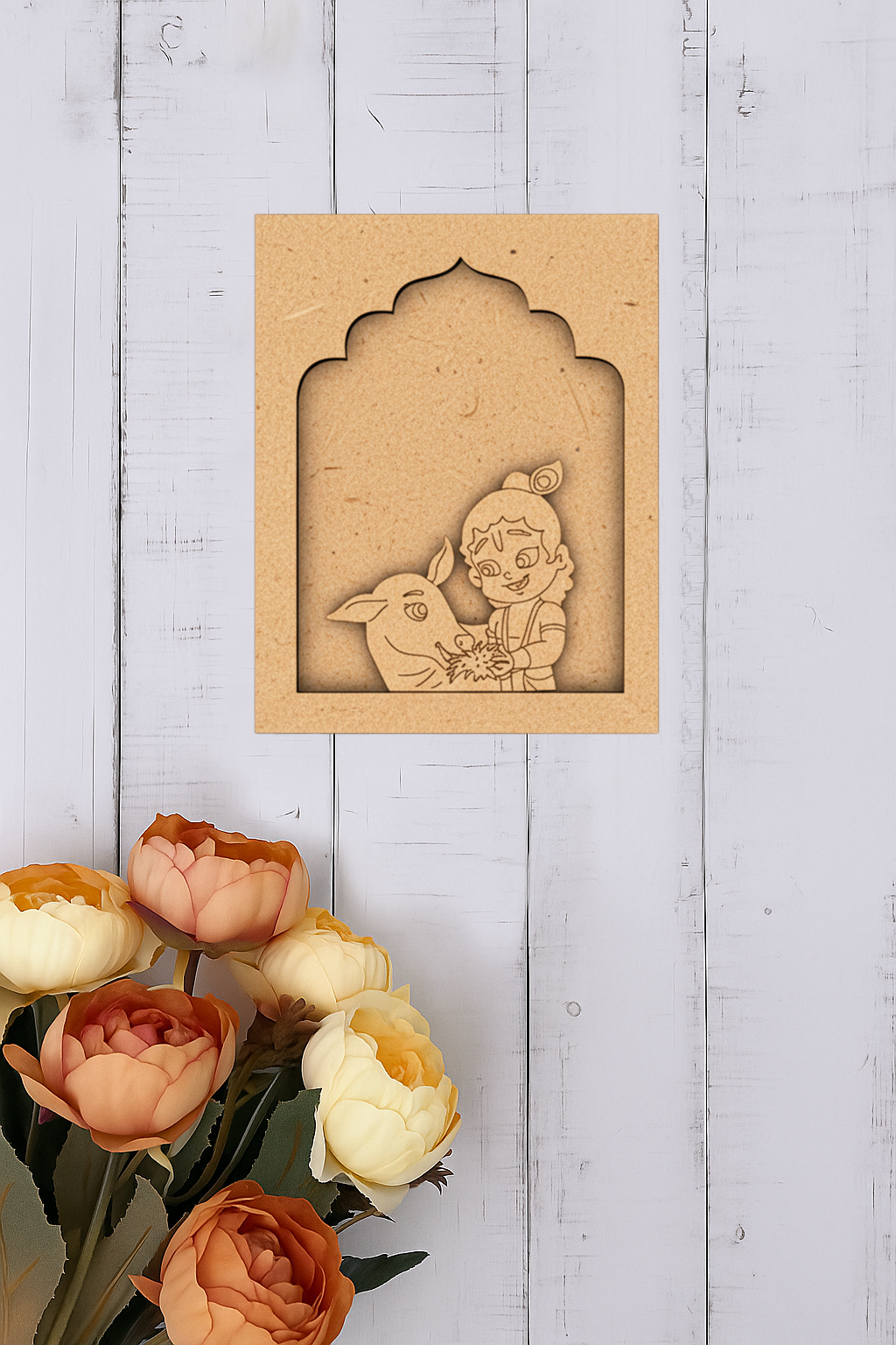 Krishna with calf MDF hanging wall art unfinished look.