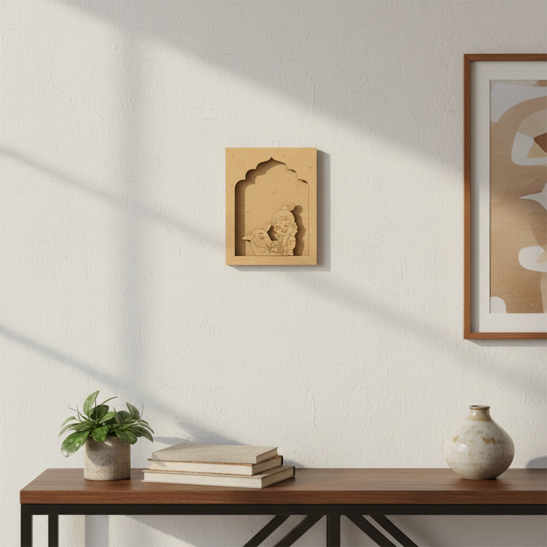 Krishna with calf MDF hanging wall art unfinished look.