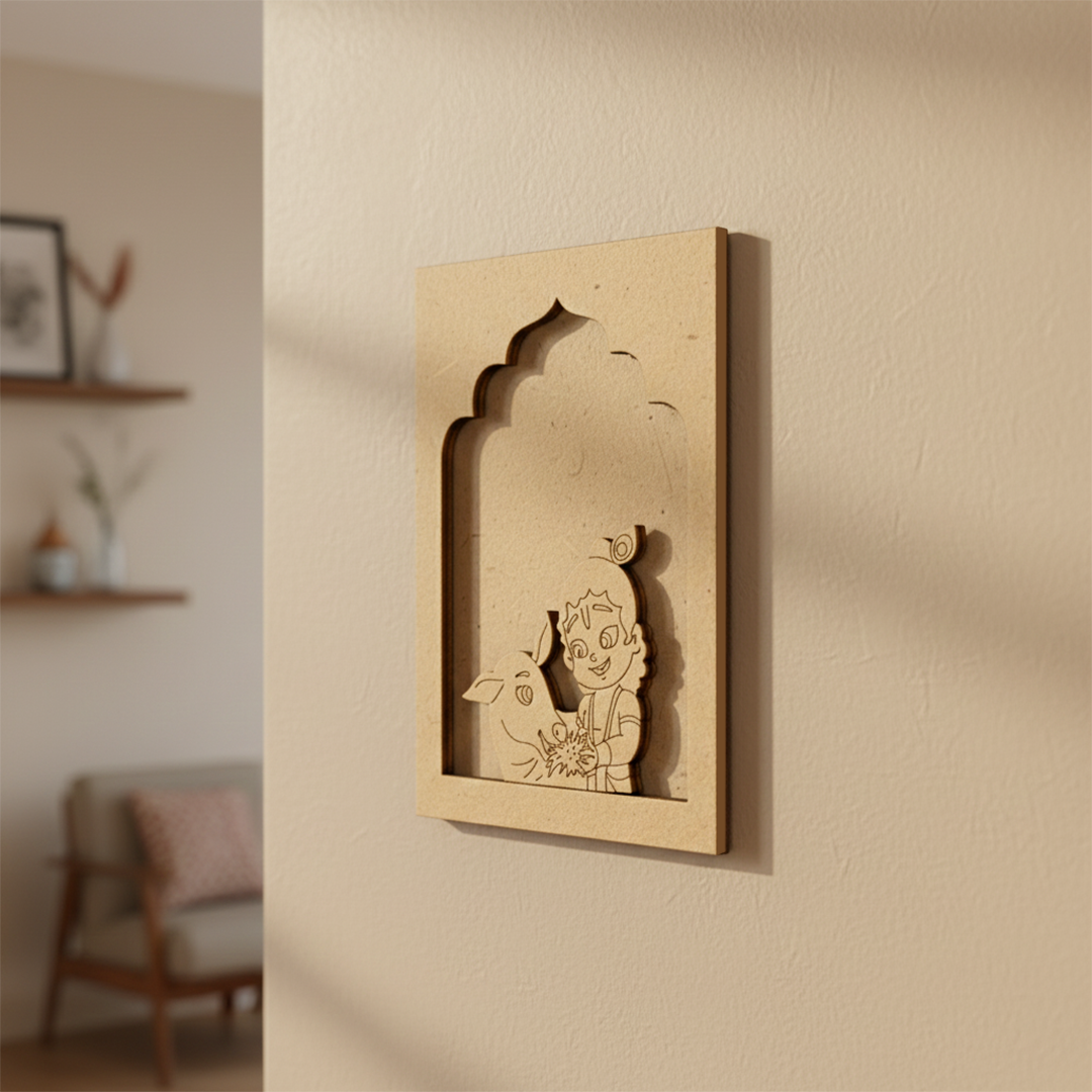 Krishna with calf MDF hanging wall art unfinished look.