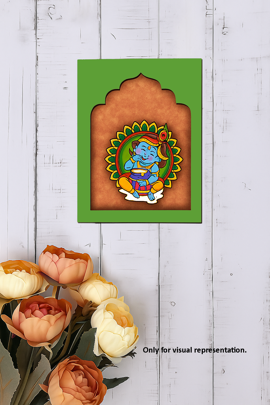 Bal Krishna decorative MDF wall hanging with butter pot and floral frame
