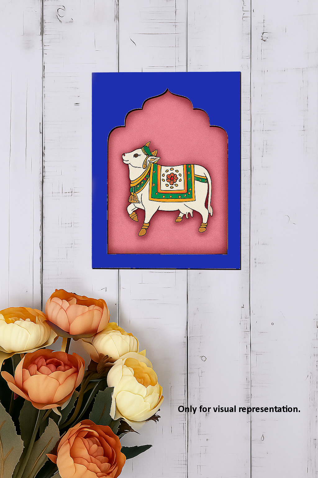 Decorated Kamdhenu cow MDF hanging wall art for spiritual home décor