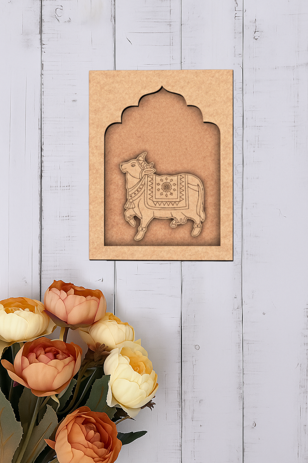 Sacred cow MDF wall art unfinished arch frame design.