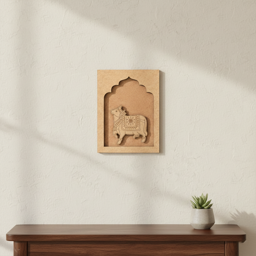 Sacred cow MDF wall art unfinished arch frame design.