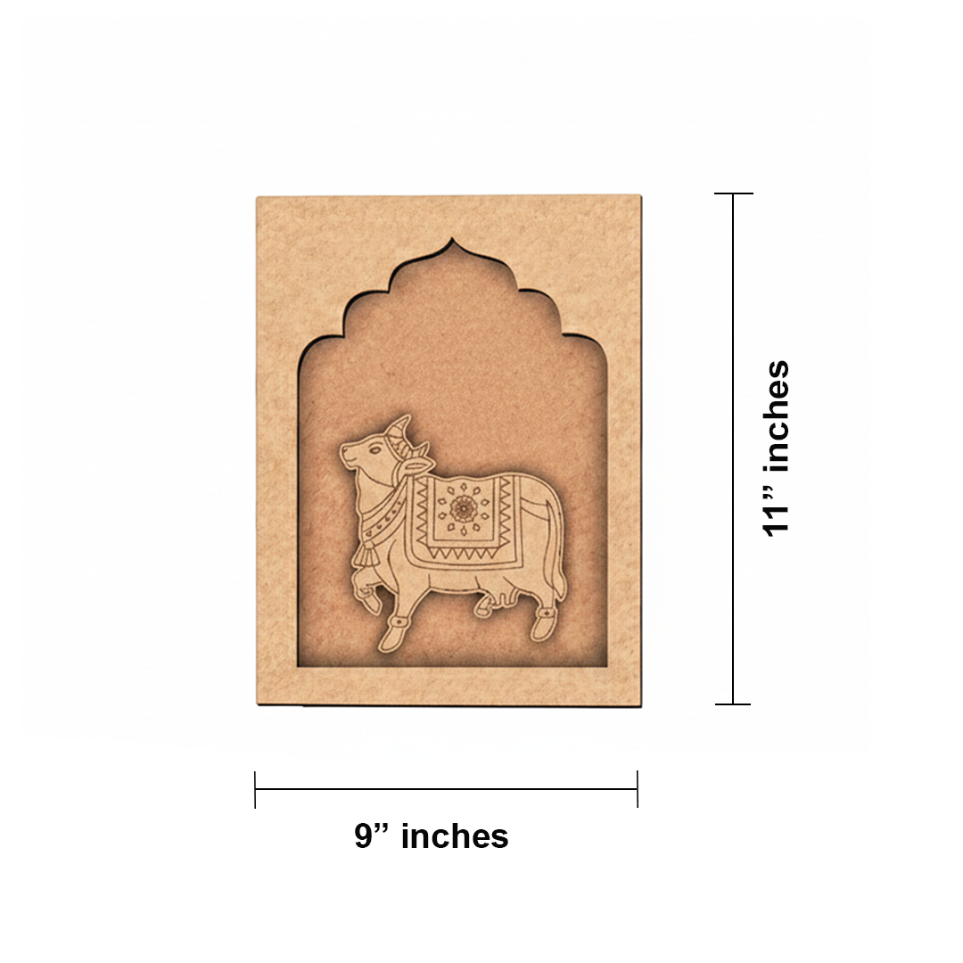 Sacred cow MDF wall art unfinished arch frame design.