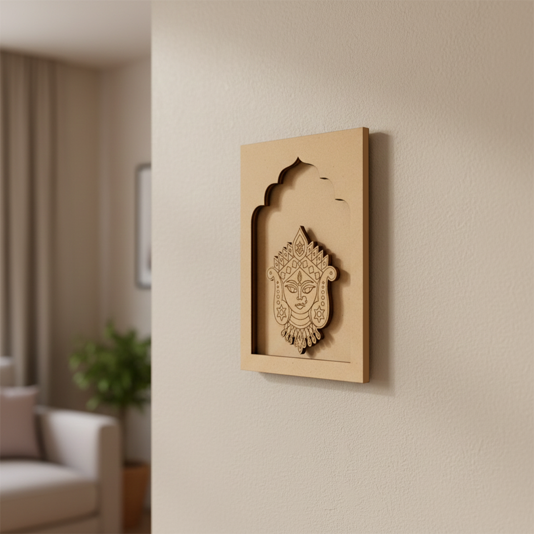 Maa Durga face MDF wall art unfinished arch frame design.