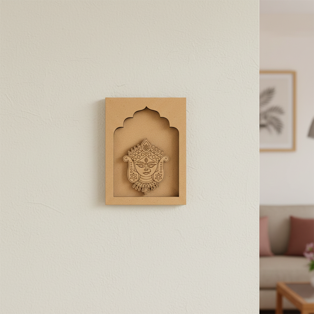 Maa Durga face MDF wall art unfinished arch frame design.