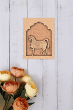 Colorful horse decorative MDF wall hanging with arch backdrop.