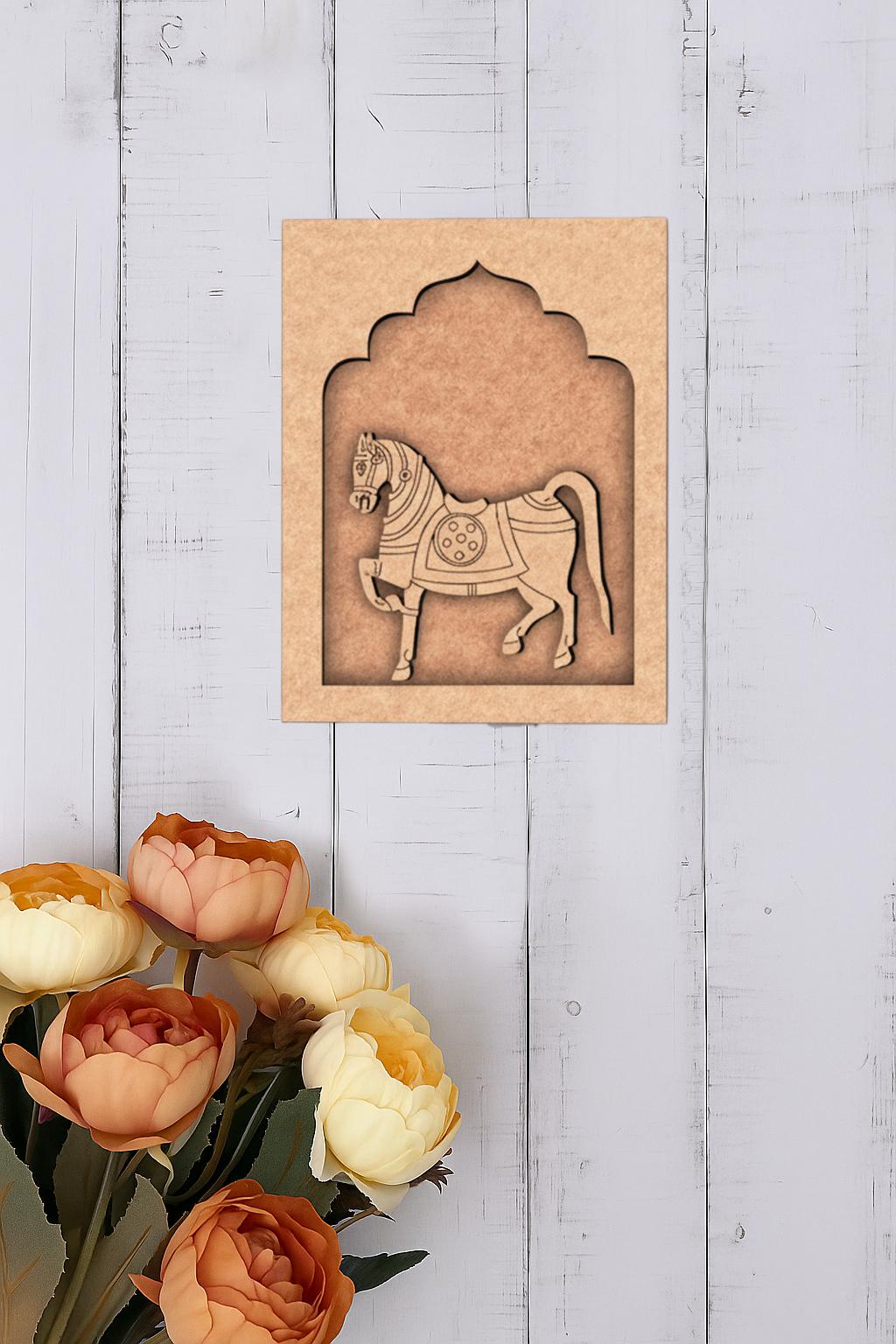 Colorful horse decorative MDF wall hanging with arch backdrop.