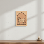 Colorful horse decorative MDF wall hanging with arch backdrop.