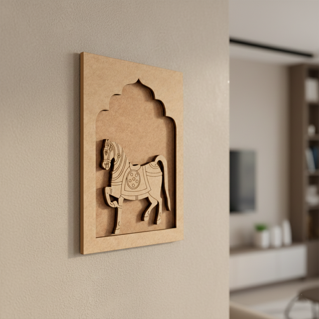 Colorful horse decorative MDF wall hanging with arch backdrop.