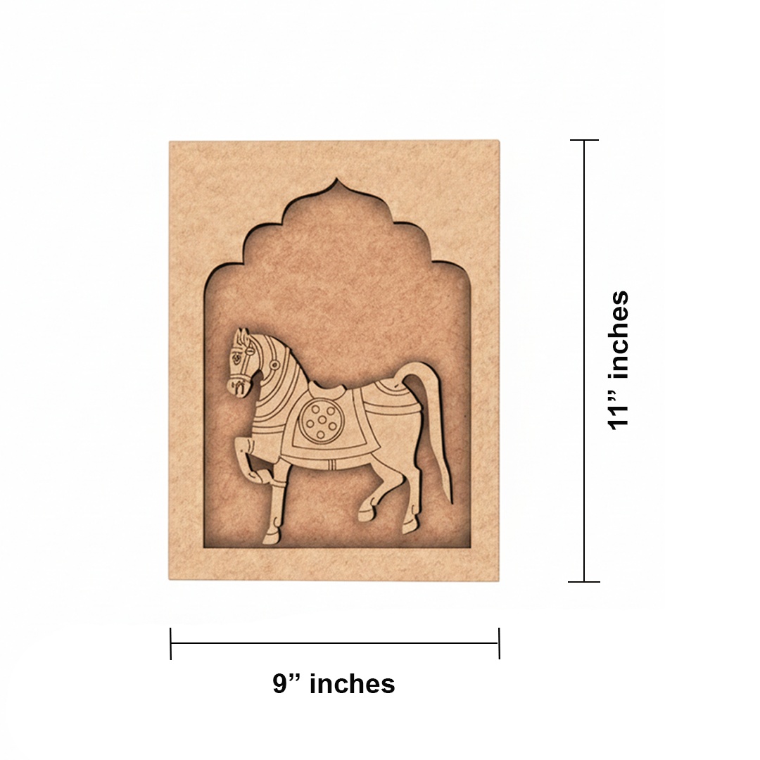 Colorful horse decorative MDF wall hanging with arch backdrop.