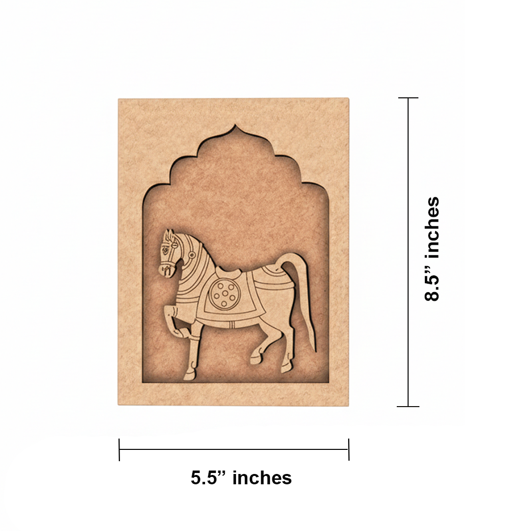 Colorful horse decorative MDF wall hanging with arch backdrop.