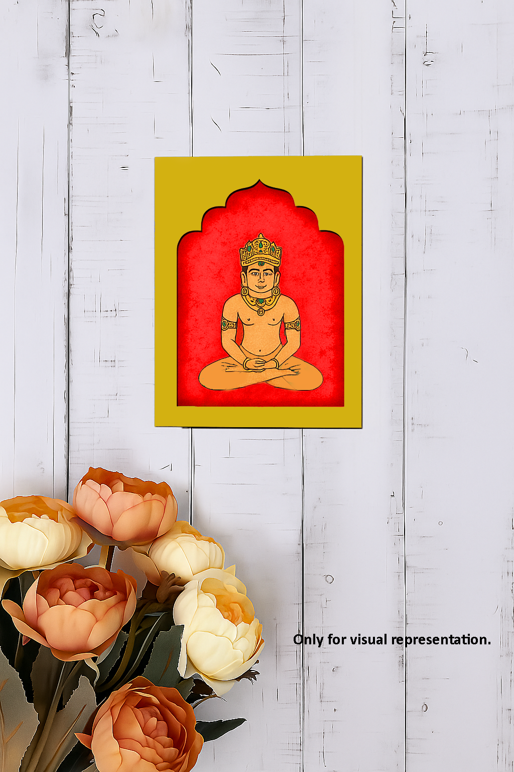 Lord Mahavir meditative MDF wall hanging with arch backdrop for pooja décor