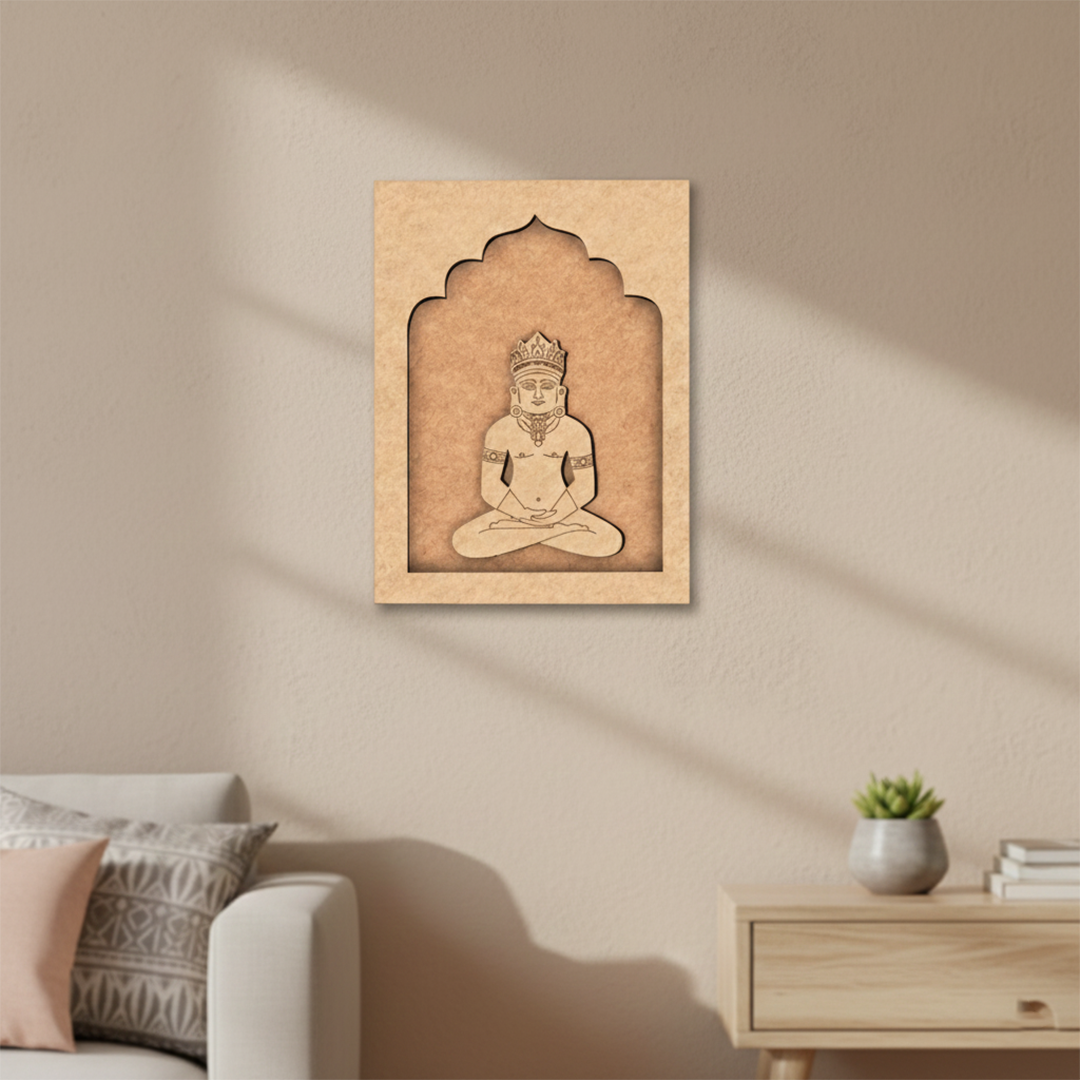 Lord Mahavir MDF wall art unfinished arch frame design.