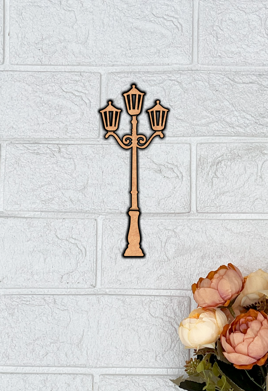 MDF Street Lamp Design Cutout DIY Craft Wall Decor Board Art for painting and decoration, mounted on white bricks wall
