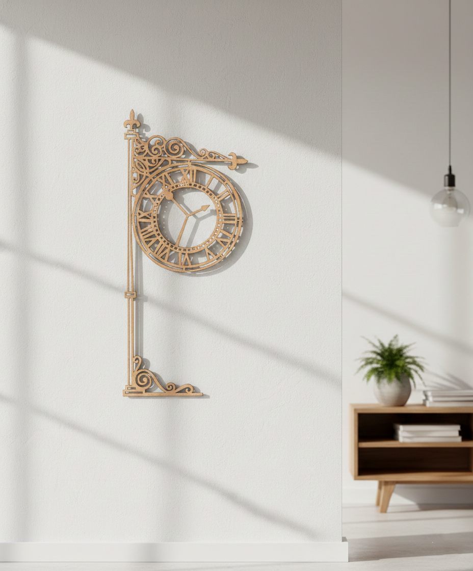 MDF Vintage Street Clock Design Cutout DIY Wall Decor Art XL for painting and decoration, mounted on wall