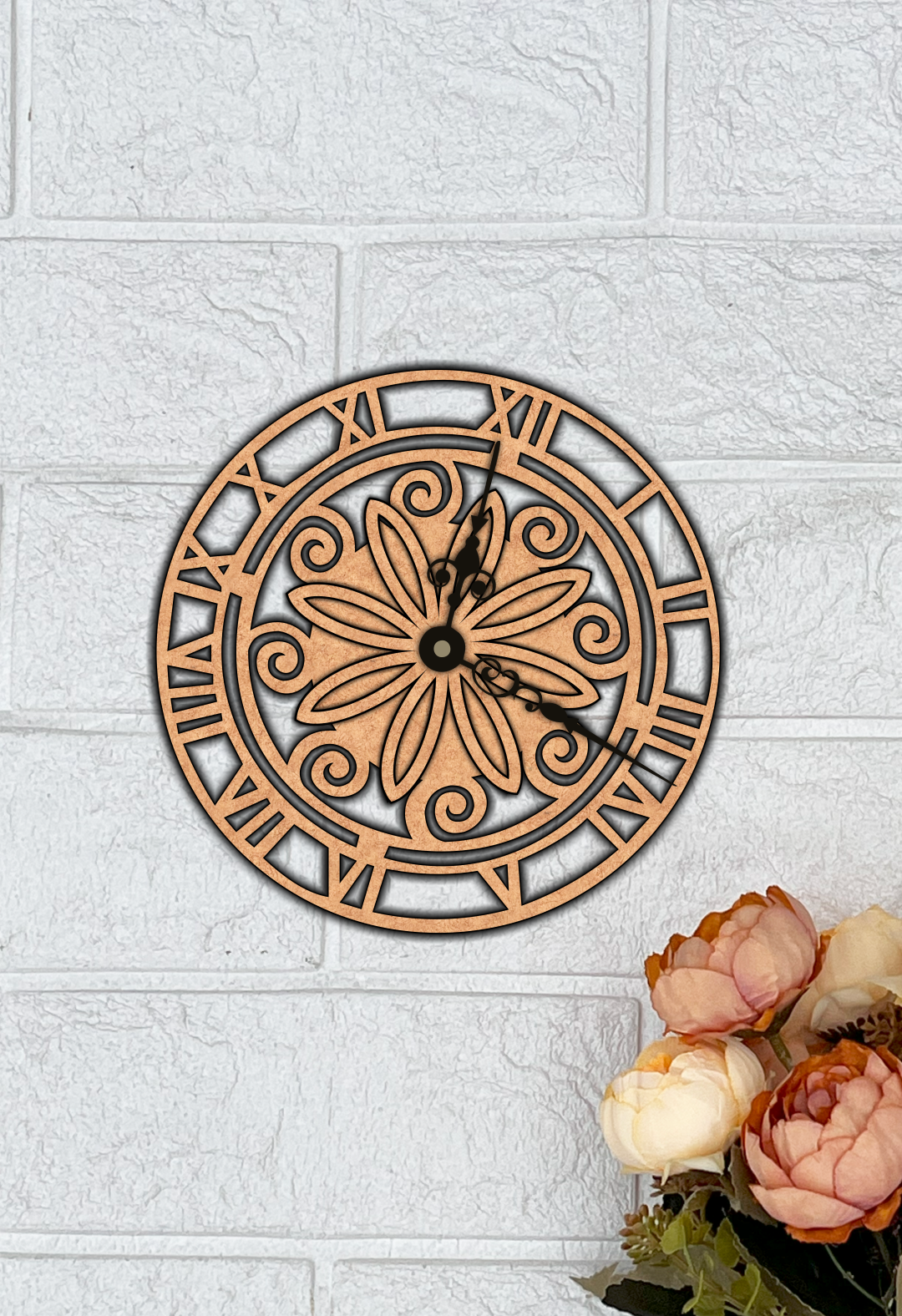 MDF Floral Roman Wall Clock Design Cutout DIY Decor Art XL for painting and decoration hanging on wall
