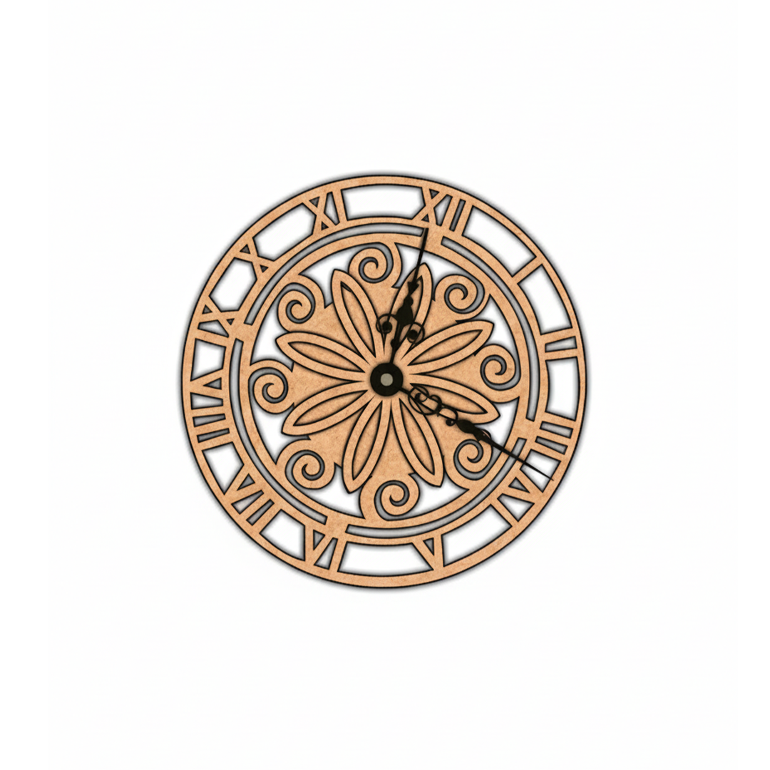 MDF Floral Roman Wall Clock Design Cutout DIY Decor Art XL for painting and decoration