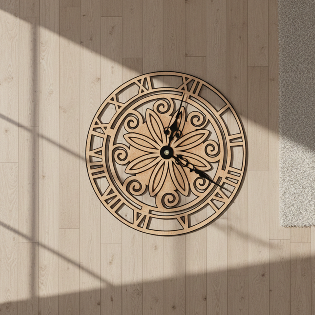 MDF Floral Roman Wall Clock Design Cutout DIY Decor Art XL for painting and decoration hanging on wall