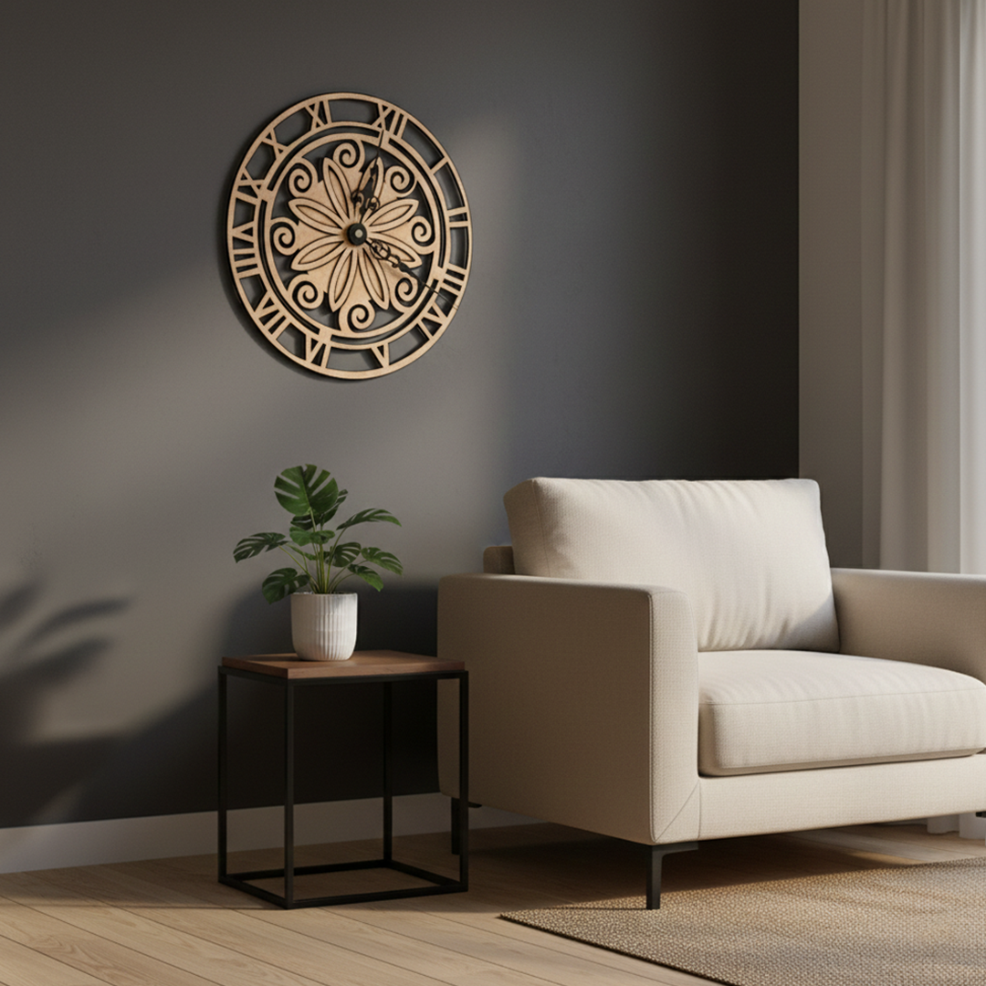 MDF Floral Roman Wall Clock Design Cutout DIY Decor Art XL for painting and decoration hanging on wall