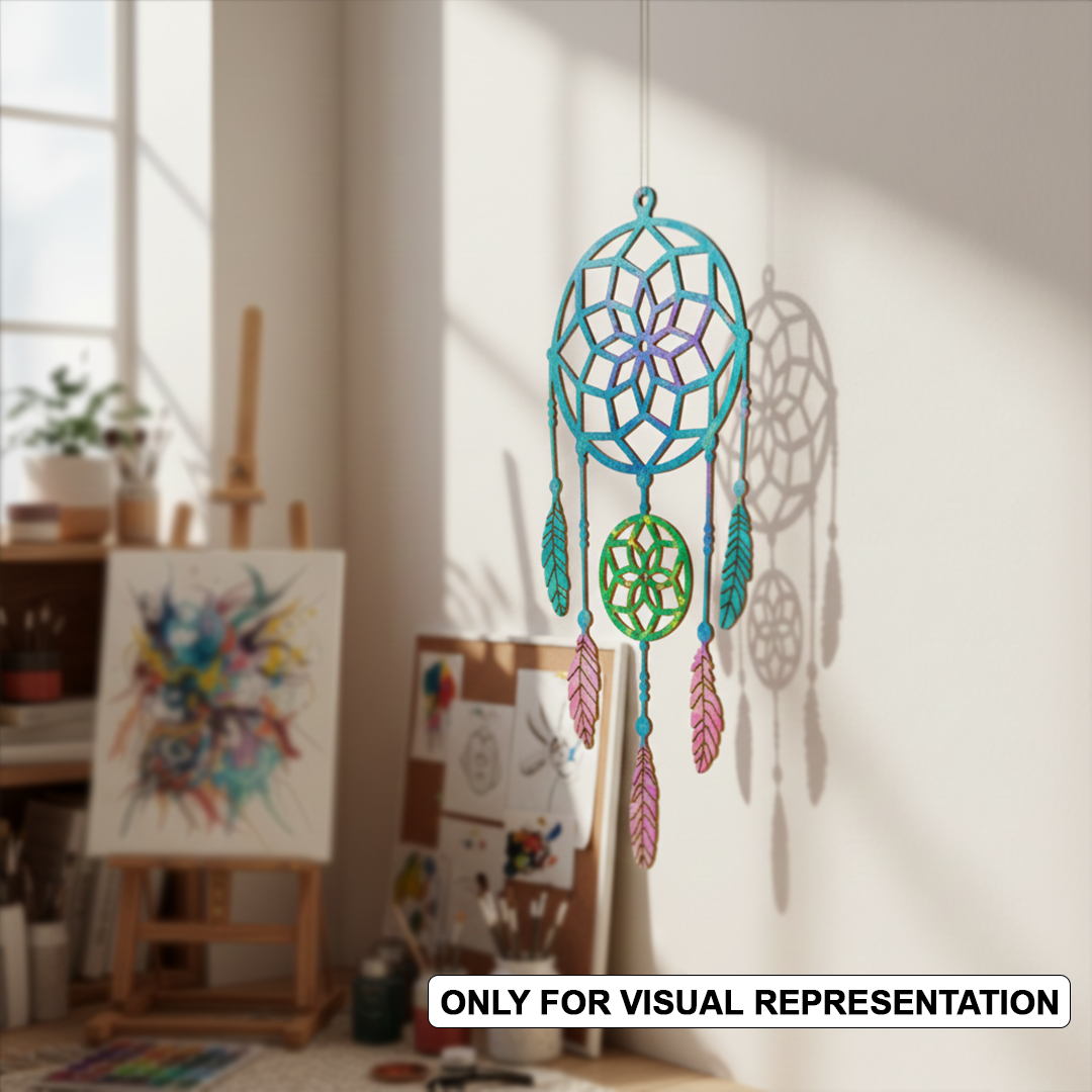 Colorful dreamcatcher hanging in a room with artistic elements.