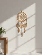 MDF dreamcatcher hanging on a wall with sunlight casting shadows