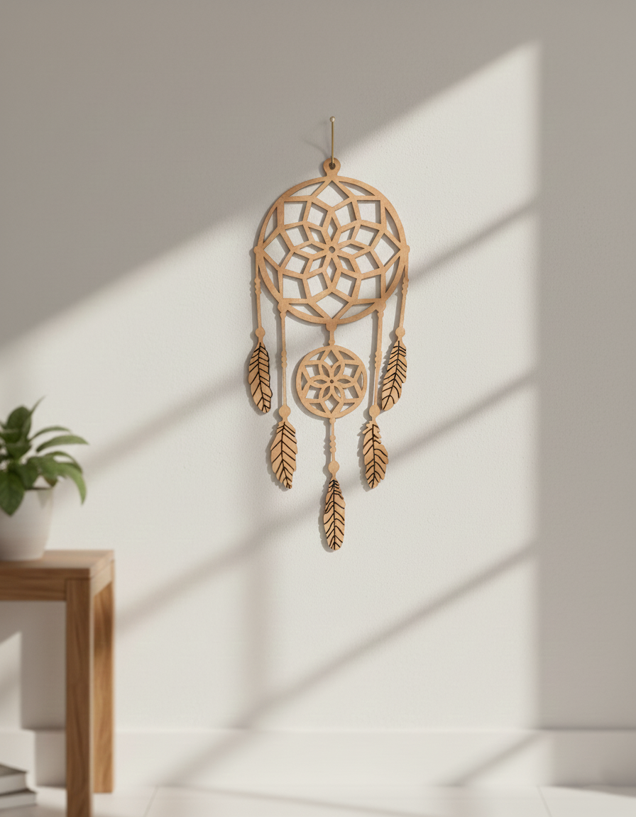 MDF dreamcatcher hanging on a wall with sunlight casting shadows