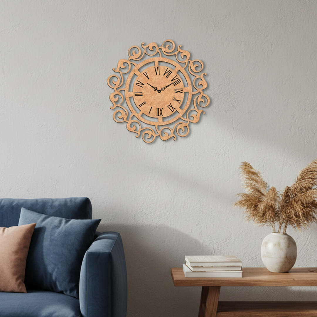 MDF Ornate Roman Wall Clock Design Cutout DIY Decor Art Pro+ for painting and decoration mounted on wall