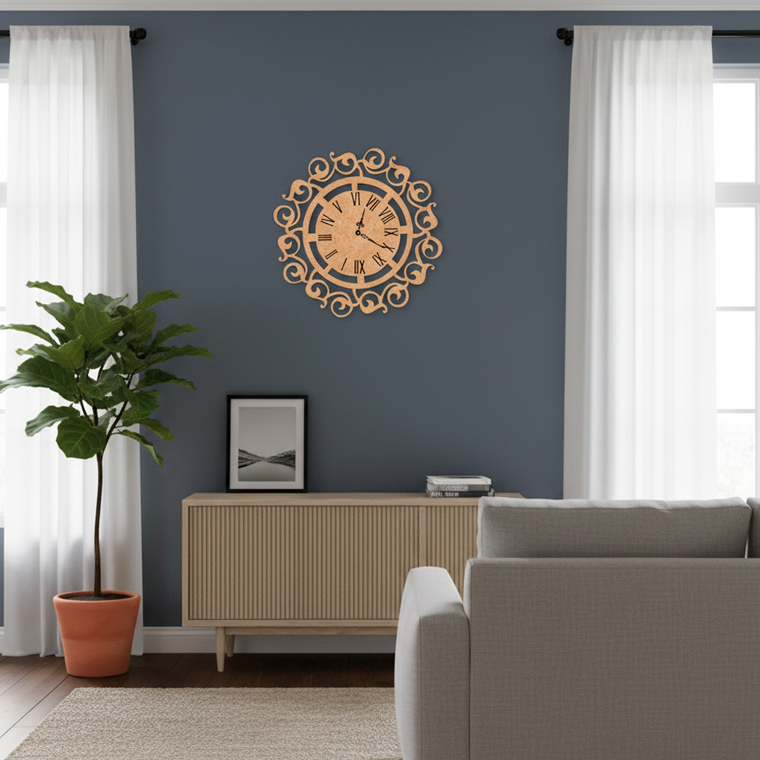 MDF Ornate Roman Wall Clock Design Cutout DIY Decor Art Pro+ for painting and decoration mounted on wall