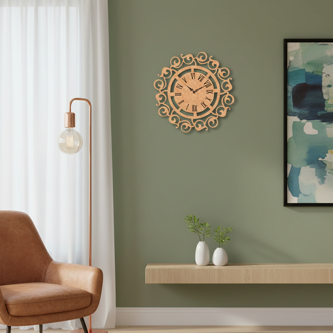 MDF Ornate Roman Wall Clock Design Cutout DIY Decor Art Pro+ for painting and decoration mounted on wall