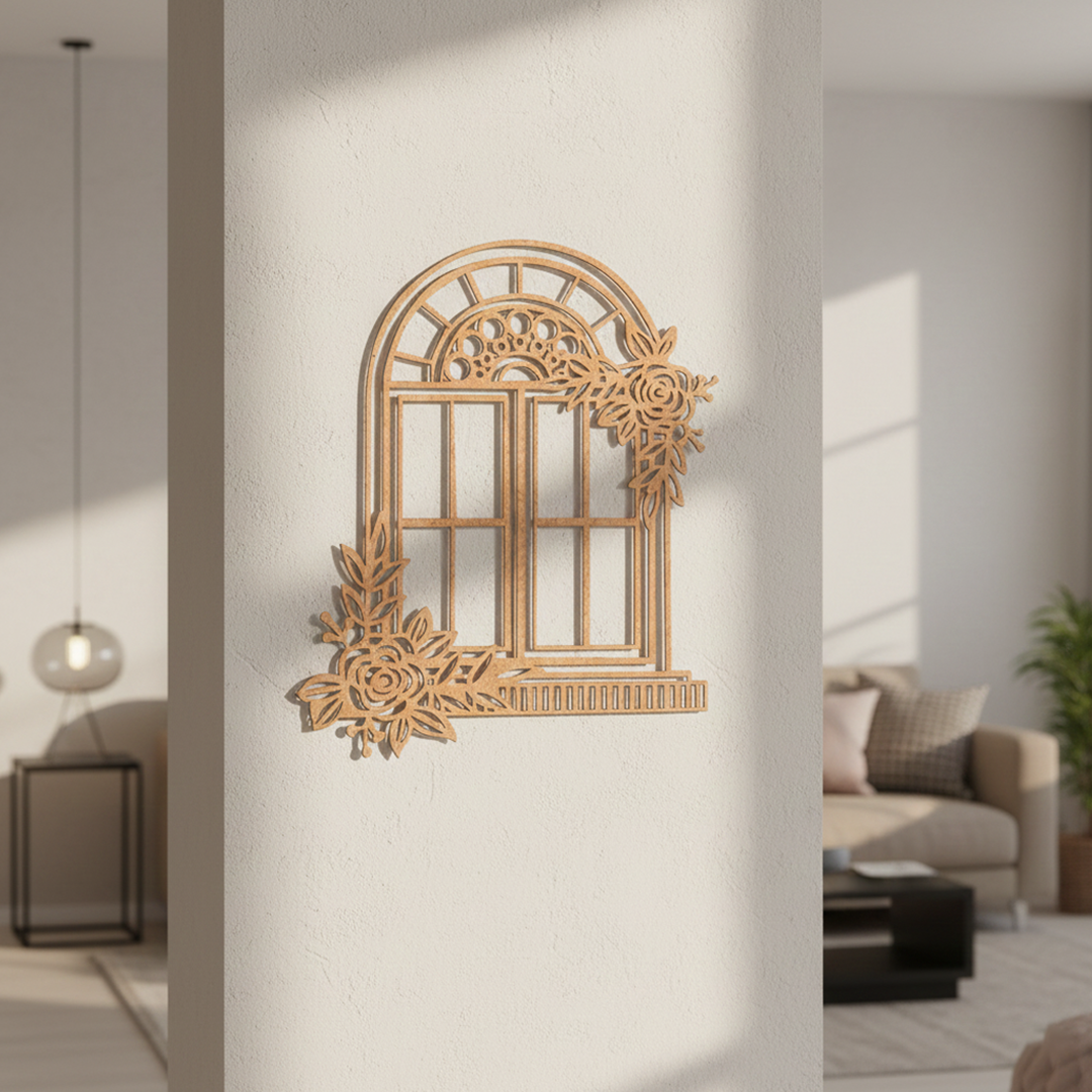 MDF Floral Arch Window Frame Cutout DIY Wall Decor Art Panel for painting and decoration mounted on pillar