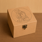 DIY MDF Lock box with a engraved design of a sitting buddha figure on a wooden surface.