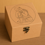Brown DIY MDF Lock box with a engraved design of a seated buddha figure on a wooden surface.