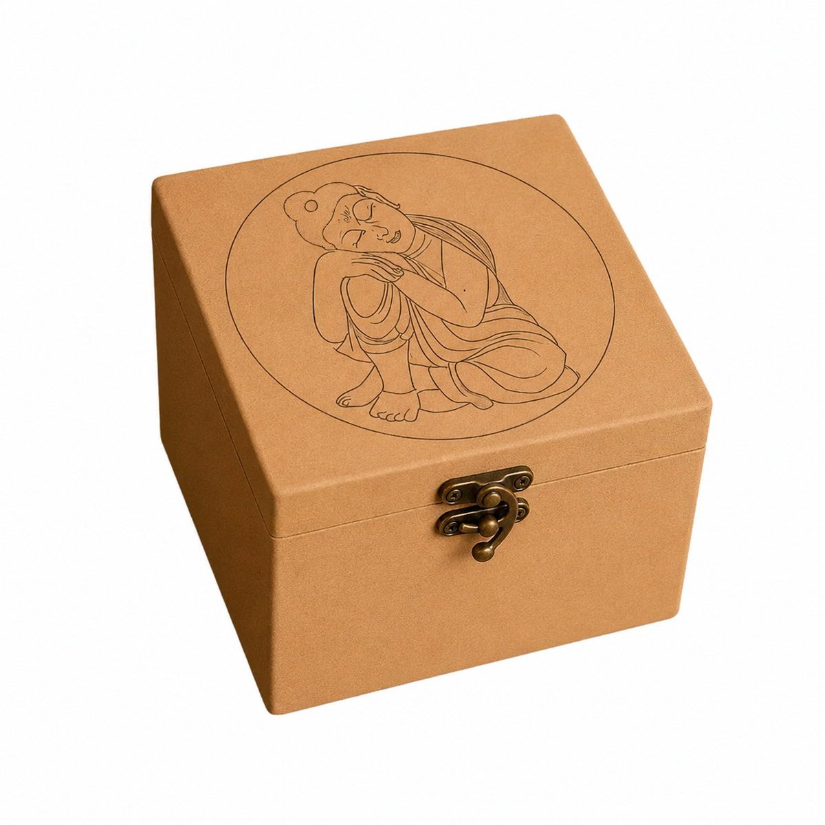 Brown DIY MDF Lock box with an engraved design on the lid, featuring buddha and a circular emblem.