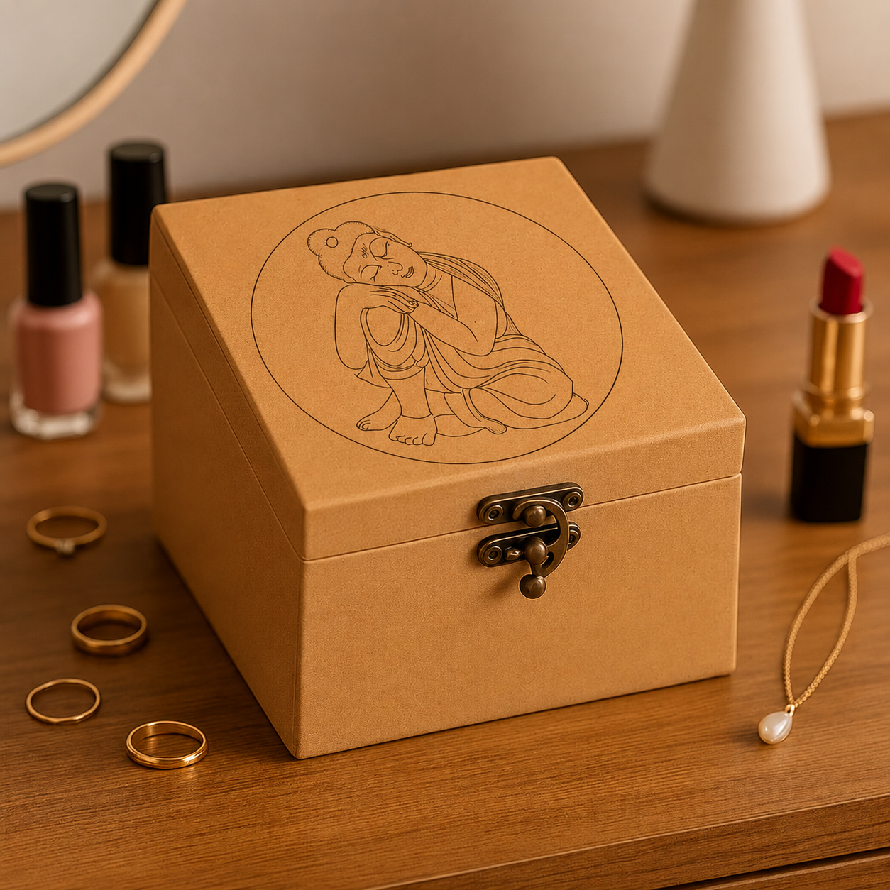 Brown MDF Lock box with engraved design on a wooden surface with makeup items.