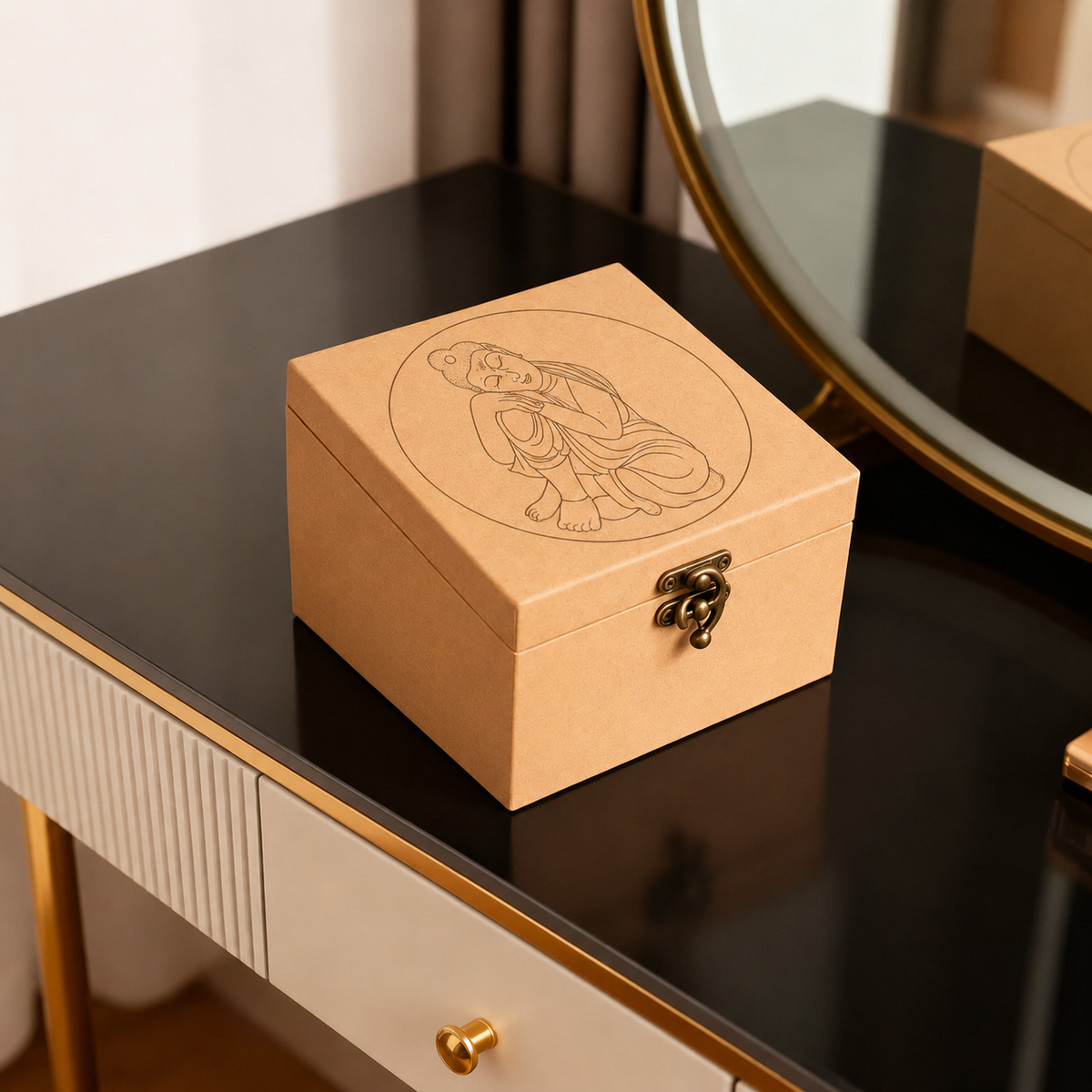 DIY MDF Lock box with engraved design on a reflective surface