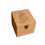 Brown MDF box with a lock and engraved design on a white background