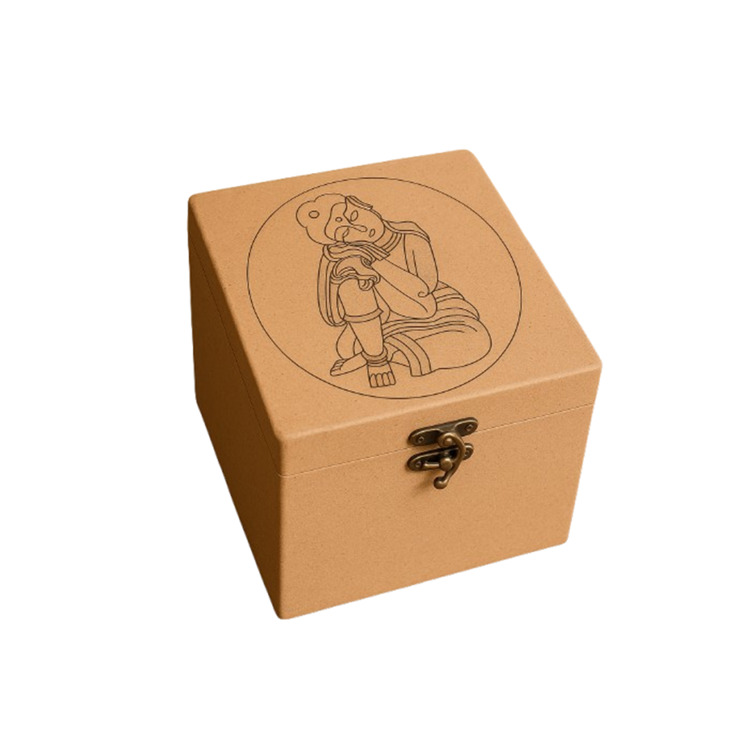 Brown MDF box with a lock and engraved design on a white background