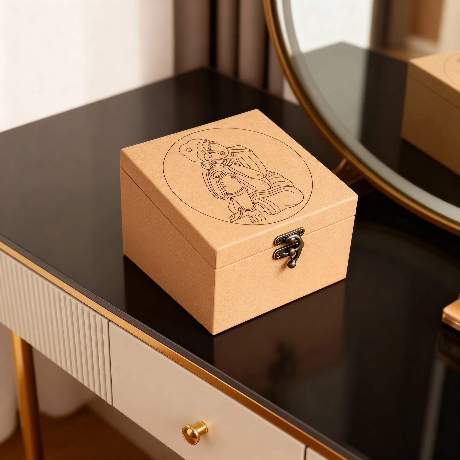 Wooden lock box with Buddha engraving and latch – side angle on table 